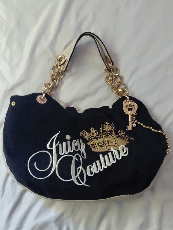 Juicy Couture The Key To Juicy Embroidered Four Poster Black Velour Shoulder Bag